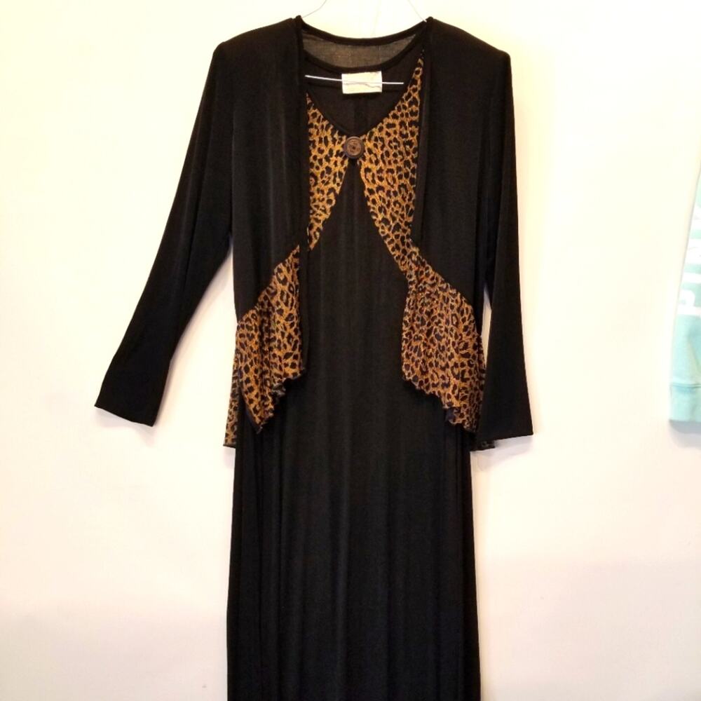 Vintage 80's 2 Piece Black Sleeveless Slinky Dress and Jacket Animal Print Sz 8‎